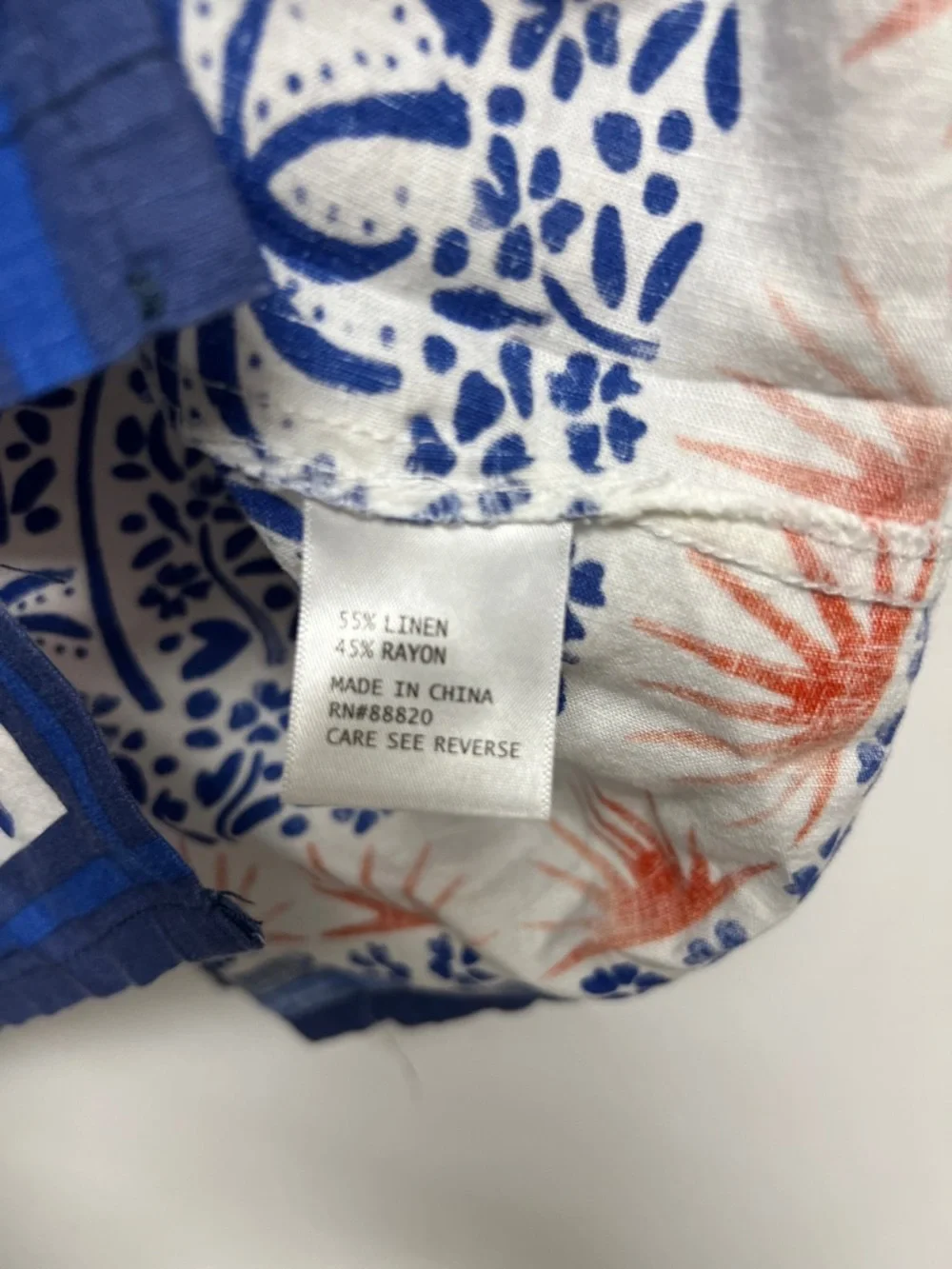 Rachel Zoe White Short Sleeve Linen Button-Up Shirt Blue & Orange Print Large - Picture 5 of 6
